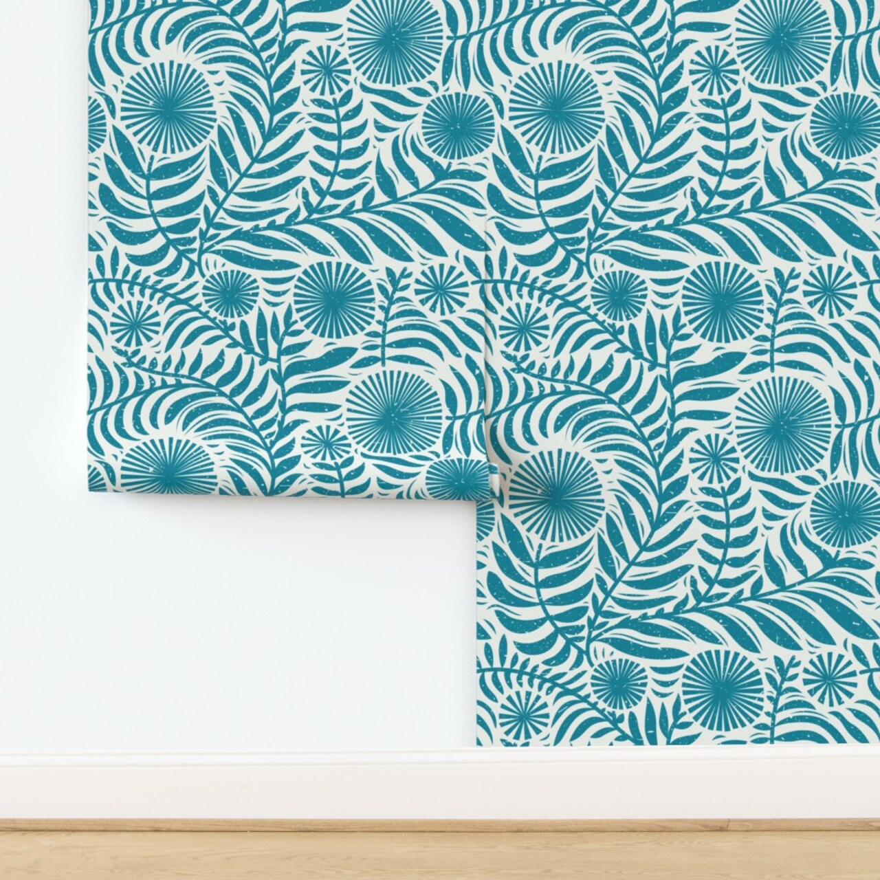 Teal Floral Blue Country Flowers Botanical Block Print Cottagecore Rustic Retro Summer Custom Pre-pasted Wallpaper by Spoonflower Pre-Pasted Wallpaper 2FT Wide